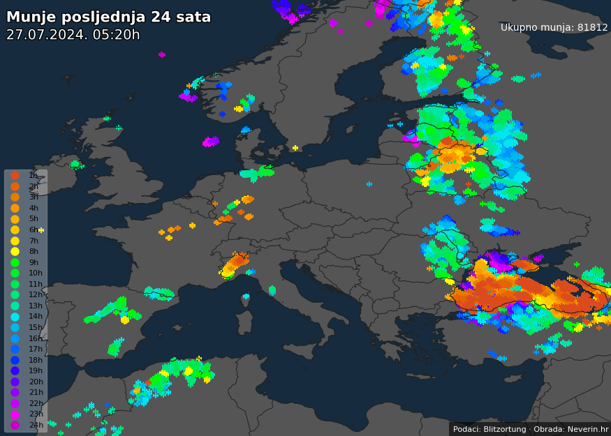 Pojava munja u Europi posljednja 24 sata