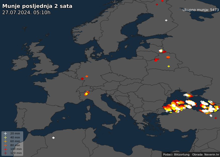 Pojava munja u Europi u posljednja 2 sata