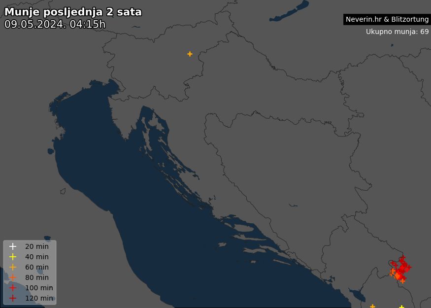 Pojava munja u Hrvatskoj posljednja 2 sata