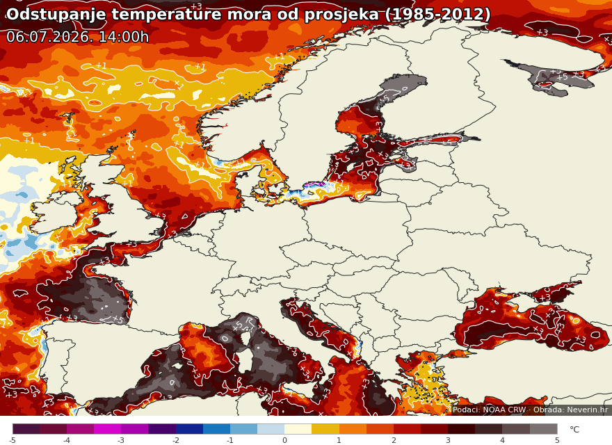 Temperatura mora Europa — Odstupanje temperature mora Temperatura mora Europa — Odstupanje temperature mora